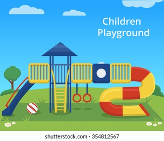 Vector children playground on colorful background. Kids Park. Outdoor children activity background.