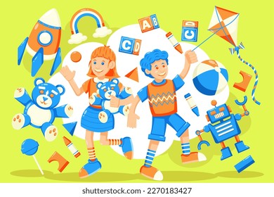 Vektorgrafik der spielenden Kinder. Kinder, die mit Puppen, Robotern, Drachen und Raketen spielen