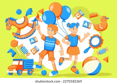 Vector of children playing. children playing with toy horses, balls, toy cars and balloons
