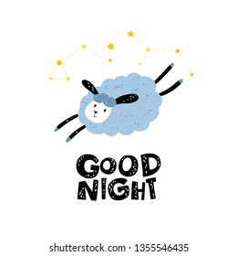 Vector children poster, postcard to the nursery. Cute sheep and constellations with the inscription - Good night. Black hand-drawn inscription on a white background.