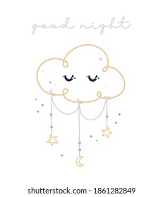 Vektor-Kinderposter, Postkarte für die Kindergarten. süße Wolke mit Sternen auf weißem Hintergrund mit Inschrift - gute Nacht, Dreamcatcher