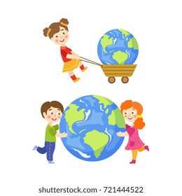 Vector children saving earth planet set. Flat happy girl, boy hugging earth planet, child pulling earth in cart. Isolated illustration on white background.