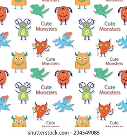 Vector children seamless pattern with cute monsters