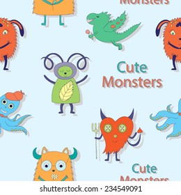 Vector children seamless pattern with cute monsters