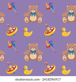 Vector children seamless pattern. Vector seamless pattern of toy whirligig, rubber duck and teddy bear. Bright children cartoon print on violet background.