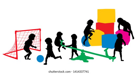 Vector children silhouettes , indoor playground, isolated and grouped objects against white background