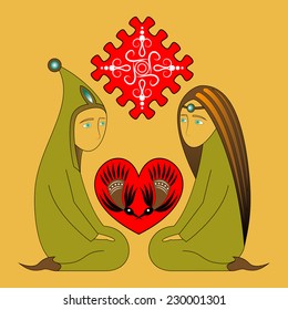 vector of children sitting in front of each other, heart, birds and decorative sun