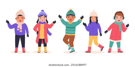Vector of children smiling laughing on a winter day