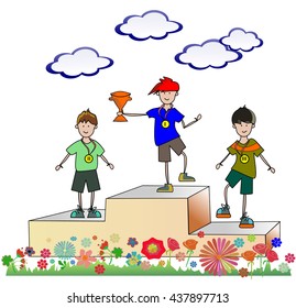 Vector of children  standing on the winning podium holding up trophy. Three  boys are on the  pedestal with medals