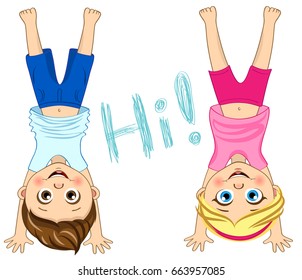 Vector children standing upside down. Friends. Cute kids illustration