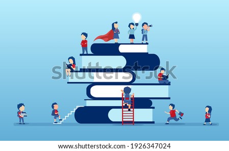 Vector of children, students climbing up on a top of a stack of books eager to learn 