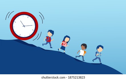 Vector of children students running away from a falling clock down the hill.