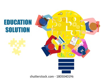 Vector of children studying solving a problem as a team together 