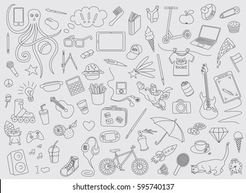 A vector children and teen school comic pattern doodles of electronic gadgets, computer, laptop, monitor