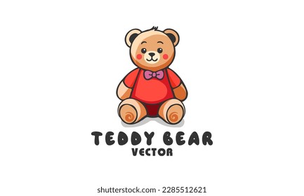 Vector children toy, sitting cute cuddly beautiful teddy bear in a red shirt and a pink bow tie. White isolated background.