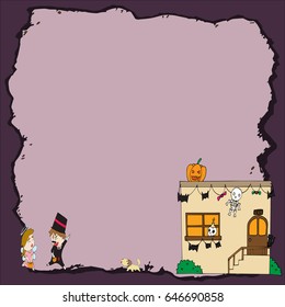Vector of children trick or treating in halloween costume on purple paper background.