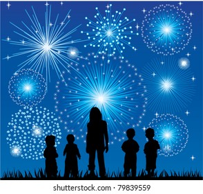 vector children watching fireworks