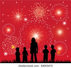 vector children watching fireworks