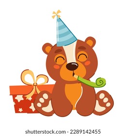 Vector children's animal character on a white background. Cute teddy celebrating birthday. A collection for a children's birthday. Illustration for a greeting card to a child