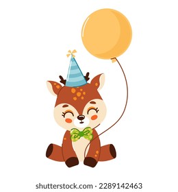 Vector children's animal character on a white background. Cute deer celebrating birthday. A collection for a children's birthday. Illustration for a greeting card to a child