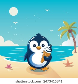 vector childrens animals illustration. 
 Cute Penguin Enjoying Ice Cream On Summer Beach