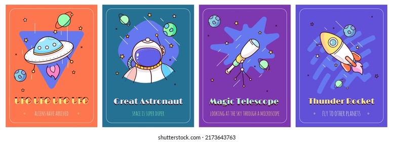 vector children's background about space. Astronaut, ufo, telescope, rocket, stars and planets
