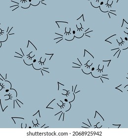 Vector. Children's background. Children's drawing is linear. Seamless pattern consisting of hand-drawn faces of cats. Drawing of animals in the style of doodle. Outline image of a pet.