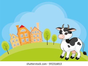 Vector children's background with the image of a rural landscape and a ridiculous cow