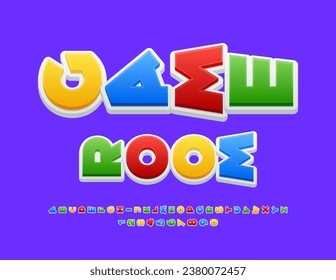 Vector children's banner Game Room. Colorful rotate Font. Bright 3D Alphabet Letters and Numbers