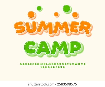 Vector Children's banner Summer Camp. Round Green 3D Font. Kids Alphabet Letters and Numbers set.