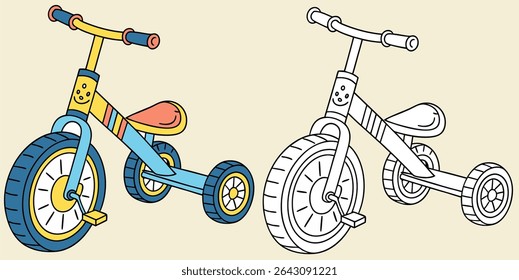 Vector children's bicycle with three wheels with colorful and white color