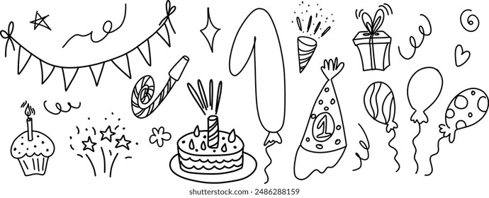 Vector de dibujos de cumpleaños de niños, textura naive, minimalismo, perfecto para un fondo de vacaciones. Tarta de dibujos animados dibujada a mano y globos, arte de línea en blanco y negro. Para una tarjeta de felicitación, diseño