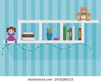 Vector children's bookshelf. Shelf with toys. Children's room element with books, doll and teddy bear.