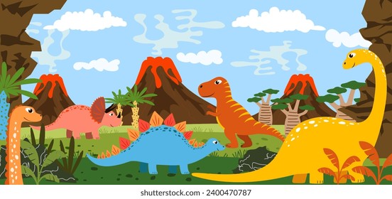 Vector children's bright illustration with dinosaurs on the background of nature, volcanoes, stones and plants. Suitable for book illustrations, nursery wallpaper, prints, children's products