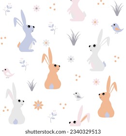 Vector children's bright seamless pattern with rabbit, birds and flowers on a white background. Ideal for baby prints, textiles, nursery design, wrapping paper, scrapbooking.