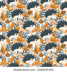 Vector children's bright seamless pattern with hedgehogs and autumn leaves. Ideal for baby prints, textiles, nursery design, wrapping paper, scrapbooking.