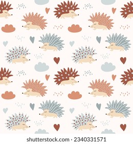 Vector children's bright seamless pattern with hedgehogs, hearts and clouds on a pale pink background. Ideal for baby prints, textiles, nursery design, wrapping paper, scrapbooking.