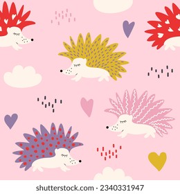  Vector children's bright seamless pattern with hedgehogs, hearts and clouds on a pink background. Ideal for baby prints, textiles, nursery design, wrapping paper, scrapbooking.