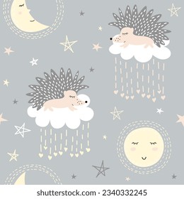 Vector children's bright seamless pattern with hedgehogs on the clouds, with stars and the moon on a dark background. Ideal for baby prints, textiles, nursery design, wrapping paper, scrapbooking.