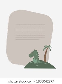 Vector children's card with a crocodile on the island. Text templates for children's party, baby shower, cards, invitations, diplomas.