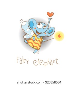 Vector children's card with cute cartoon fairy elephant.