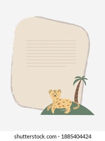 Vector childrens card with leopard on the island. Text templates for children's party, baby shower, cards, invitations, diplomas.