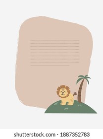 Vector children's card with a lion on the island. Text templates for children's party, baby shower, cards, invitations, diplomas.