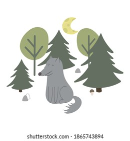 Vector children's colorful illustration with a wolf in the forest in cartoon hand-drawn style for printing on children's clothing, interior design, packaging, stickers. Isolated on white