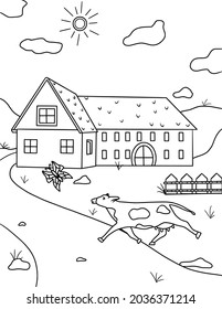 Vector children's coloring book.  Cute cow running after butterfly on farm background