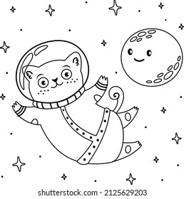 Libro de colorear infantil vectorial. Astronauta de gato lindo vuela en el espacio. Alrededor de la estrella y la luna sonríe. Libro de coloración infantil