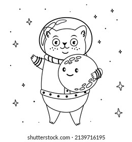 Vector children's coloring book. Cute cat astronaut flies in space. Around the star and the moon smiles. Children's coloring book