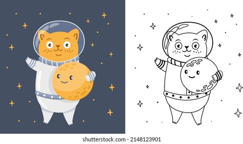 Vector children's coloring book. Cute cat astronaut flies in space. Around the star and the moon smiles. Children's coloring book. Black and white and colored picture 