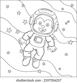 Vector children's coloring book. Cute monkey astronaut flies in space. Around the star and planet. Children's coloring book