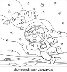 Vector children's coloring book. Cute tiger astronaut flies in space. Around the star and planet. Children's coloring book